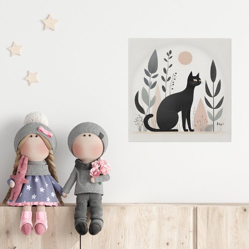 Minimalist Boho Black Cat Forest Nursery Kid Room  Faux Canvas Print