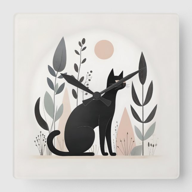Minimalist Boho Black Cat Forest Nursery Kid Room  Square Wall Clock (Front)