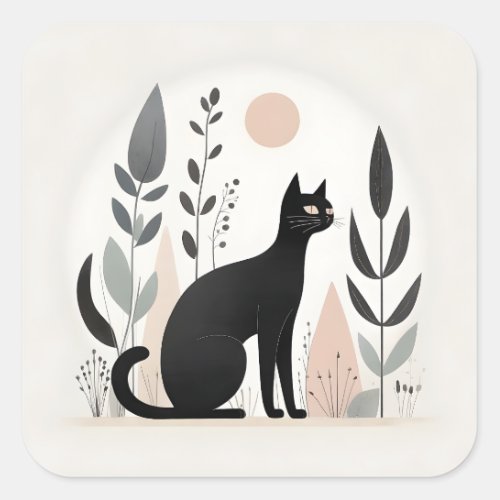 Minimalist Boho Black Cat in a Forest Plants  Square Sticker