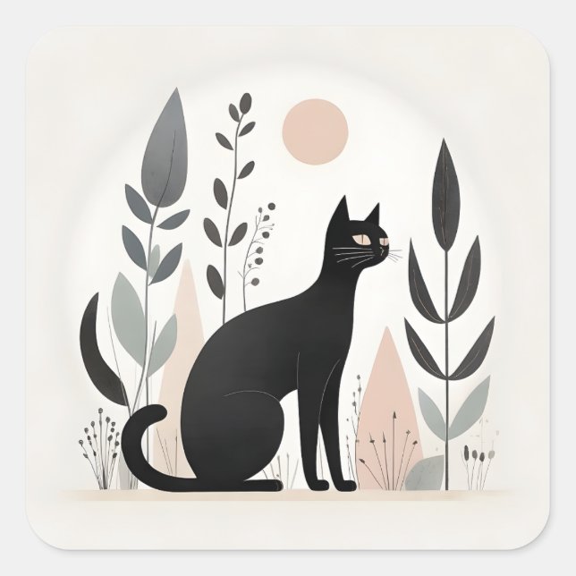 Minimalist Boho Black Cat in a Forest Plants  Square Sticker (Front)