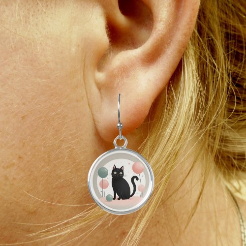 Minimalist Boho Black Cat Silver Round Earrings 