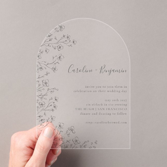Minimalist Boho Black White Floral Art Wedding Acrylic Invitations (Insitu (Handheld))