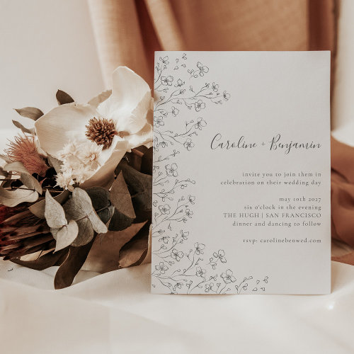 Minimalist Boho Black White Floral Art Wedding Invitation
