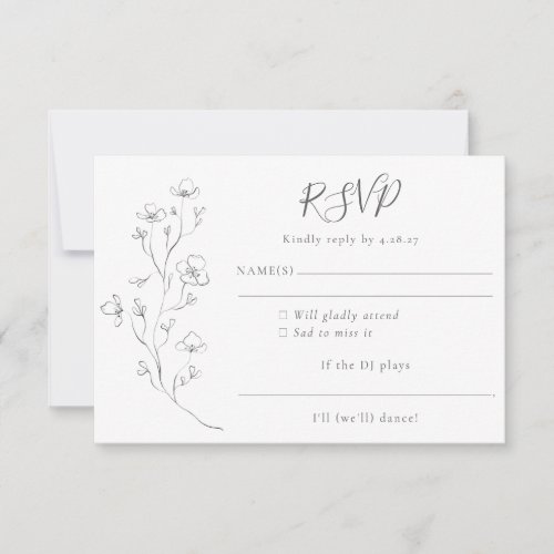 Minimalist Boho Black White Floral Art Wedding RSVP Card