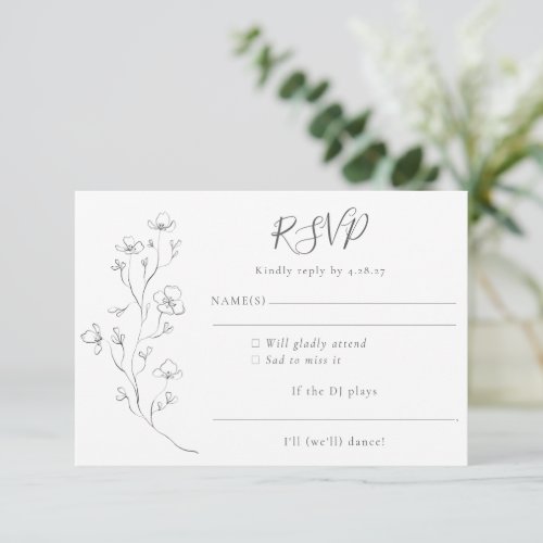 Minimalist Boho Black White Floral Art Wedding RSVP Card