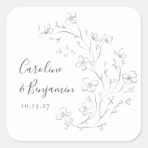 Minimalist Boho Black White Floral Art Wedding Square Sticker