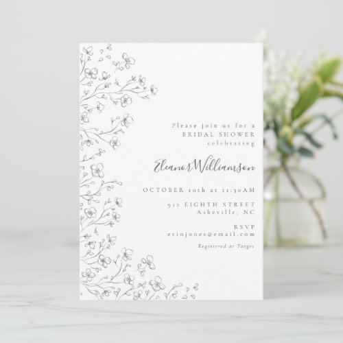 Minimalist Boho Black White Floral Bridal Shower Invitation