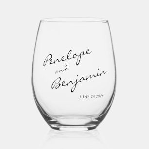 Minimalist Boho Black White Script Wedding Custom Stemless Wine Glass