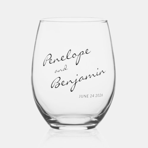 Minimalist Boho Black White Script Wedding Custom Stemless Wine Glass