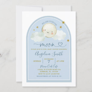 Minimalist Boho Blue Over The Moon Baby Shower Invitation