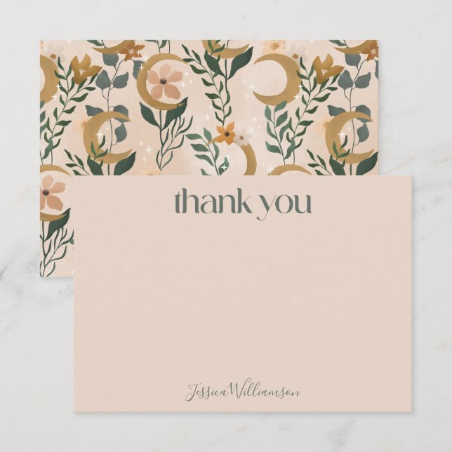 Minimalist Boho Blush Floral Moon Baby Shower Thank You Card (Front/Back)