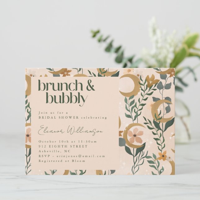 Minimalist Boho Blush Floral Moon Brunch Bubbly Invitation (Standing Front)