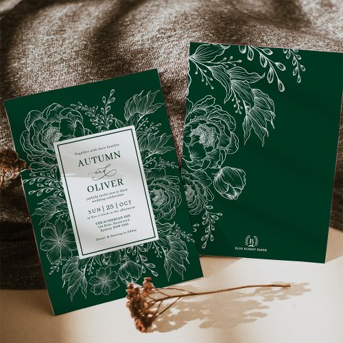 Minimalist Boho Botanical Emerald Green Wedding Invitation
