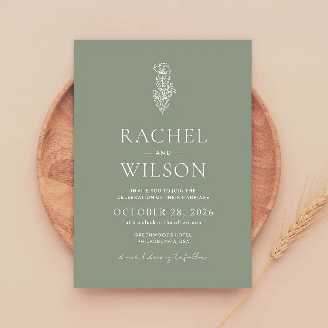 Minimalist Boho Botanical Sage Green Wedding Invitation | Zazzle