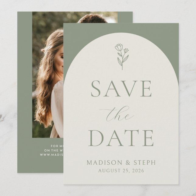 Minimalist Boho Botanical Sage Green Wedding Save The Date (Front/Back)