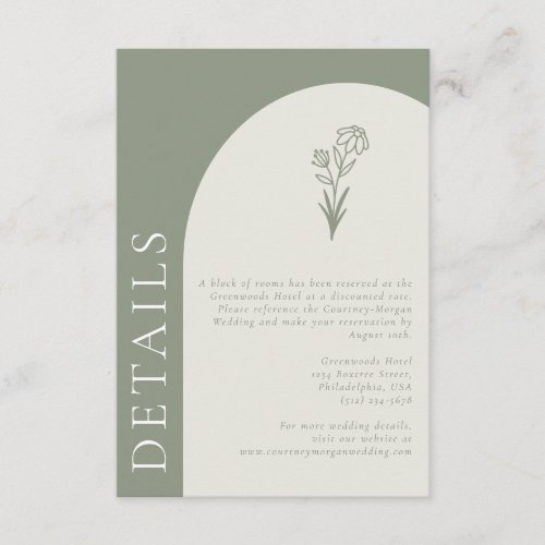 Minimalist Boho Botanical Sage Wedding Details Enclosure Card