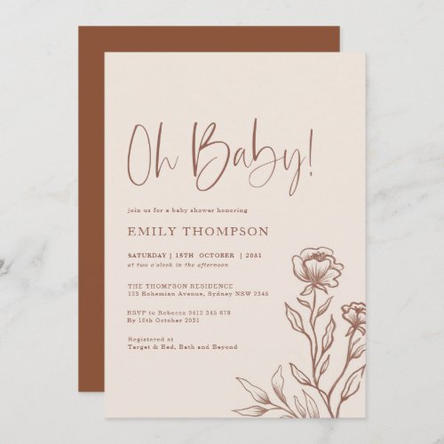 Minimalist Boho Botanical Terracotta Baby Shower Invitation