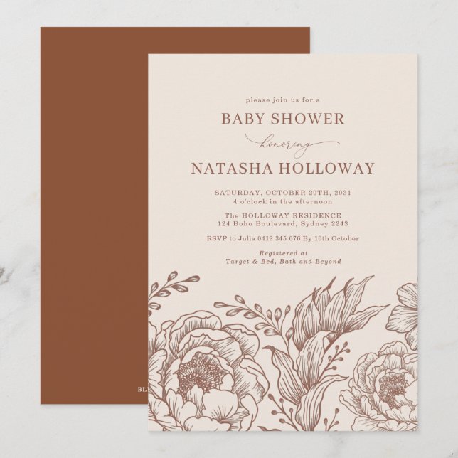 Minimalist Boho Botanical Terracotta Baby Shower Invitation (Front/Back)