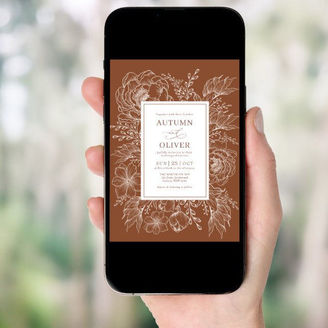 Minimalist Boho Botanical Terracotta White Wedding Invitation (Front Digital)