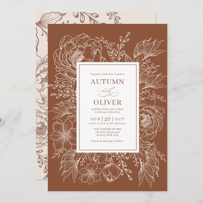 Minimalist Boho Botanical Terracotta White Wedding Invitation