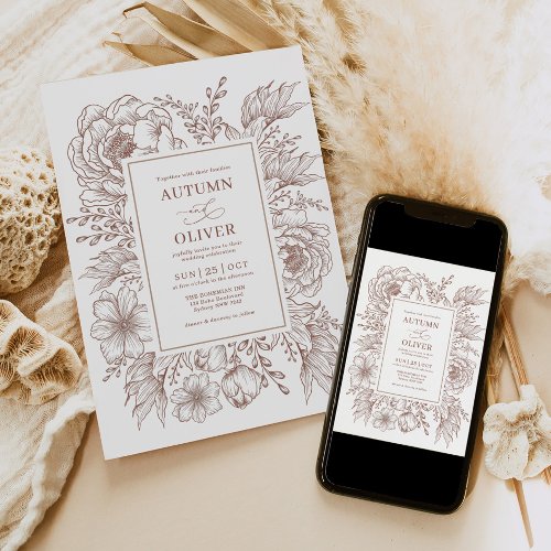 Minimalist Boho Botanical Terracotta White Wedding Invitation