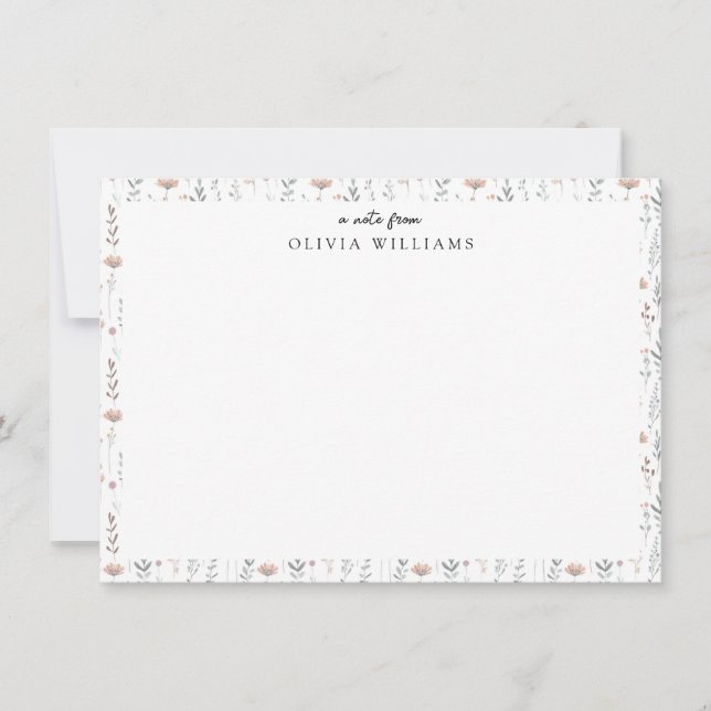 Minimalist Boho Botanical Wildflower Floral Name Note Card (Front)