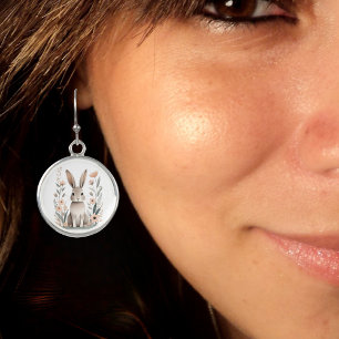 Minimalist Boho Bunny Rabbit Cute Silver Round  Earrings