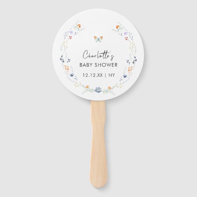 Minimalist Boho Butterfly Wildflower Baby Shower  Hand Fan (Front)