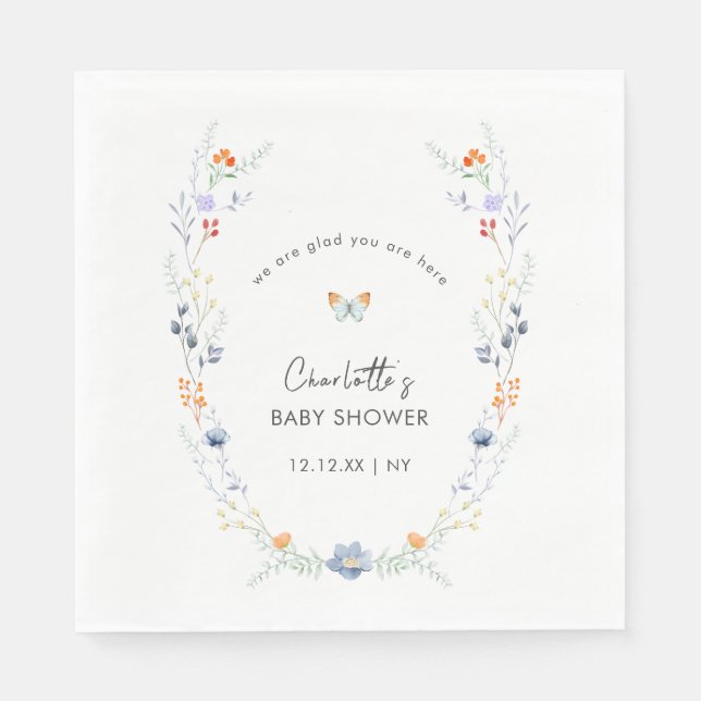 Minimalist Boho Butterfly Wildflower Baby Shower  Napkins (Front)