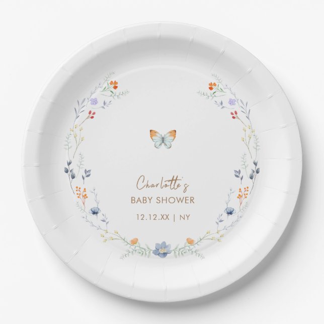 Minimalist Boho Butterfly Wildflower Baby Shower  Paper Plates (Front)