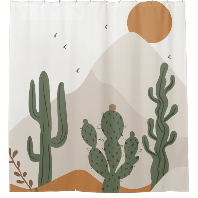 Minimalist boho cactus shower curtain (Front)