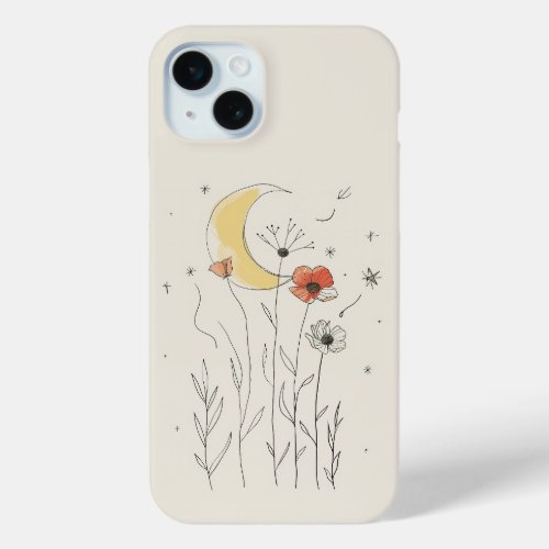 Minimalist Boho Celestial Moon Flower Line Art iPhone 15 Plus Case