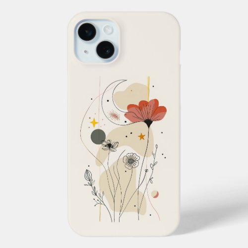 Minimalist Boho Celestial Moon Flower Line Art iPhone 15 Plus Case