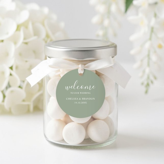 Minimalist Boho Chic Sage Green Welcome Wedding Classic Round Sticker (Creator Uploaded)