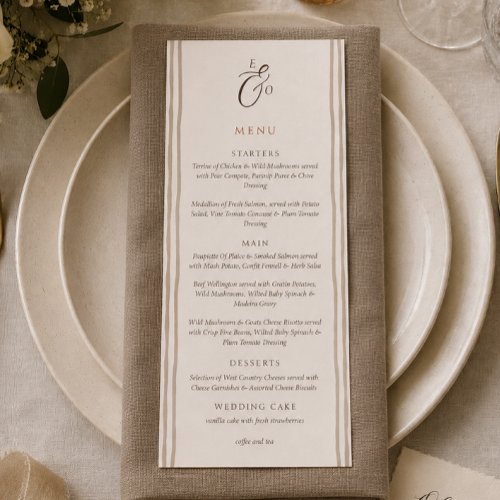 Minimalist Boho Cocoa Brown Striped Wedding Menu