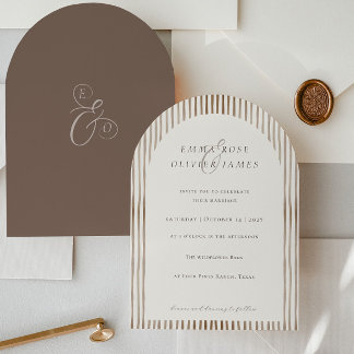 Minimalist Boho Cocoa Brown Stripes Ivory Wedding Invitation