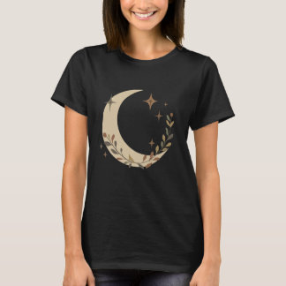 Minimalist Boho Crescent Moon and Botanical Stars T-Shirt