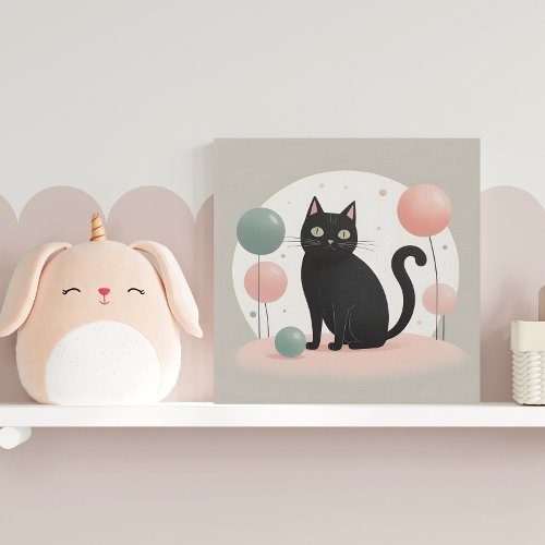 Minimalist Boho Cute Black Cat Nursery Kids Room  Faux Canvas Print