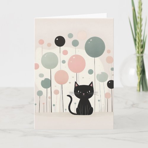 Minimalist Boho Cute Black Cat with Balloons Blank Card