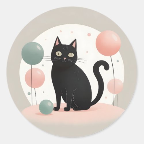 Minimalist Boho Cute Black Cat with Balloons  Classic Round Sticker