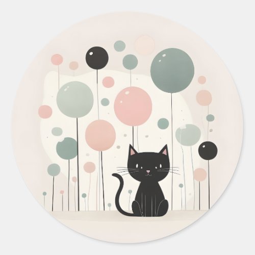 Minimalist Boho Cute Black Cat with Balloons  Classic Round Sticker