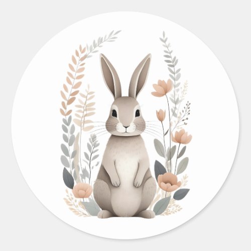 Minimalist Boho Cute Bunny Rabbit with Flowers Classic Round Sticker