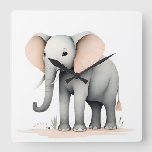 Minimalist Boho Cute Elephant Nursery Kids Room  Square Wall Clock