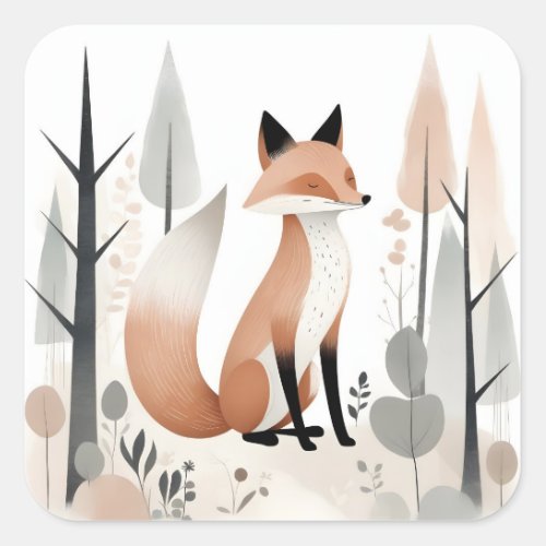 Minimalist Boho Cute Fox in a Forest Square Sticker