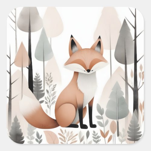 Minimalist Boho Cute Fox in the Forest  Square Sticker