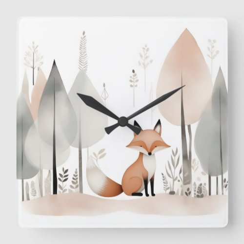 Minimalist Boho Cute Fox Nursery Kids Room  Square Square Wall Clock