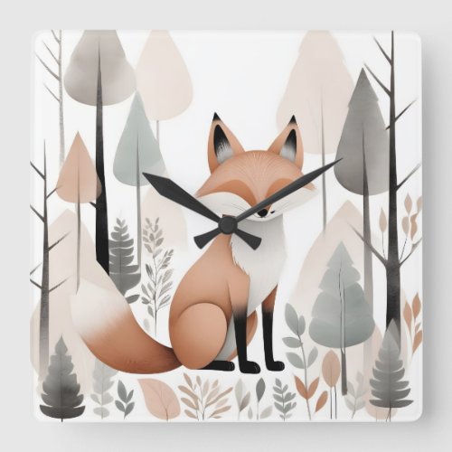 Minimalist Boho Cute Fox Woods Nursery Kids Room  Square Wall Clock