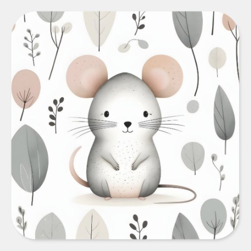Minimalist Boho Cute Mouse Surrounded by Greenery  Square Sticker