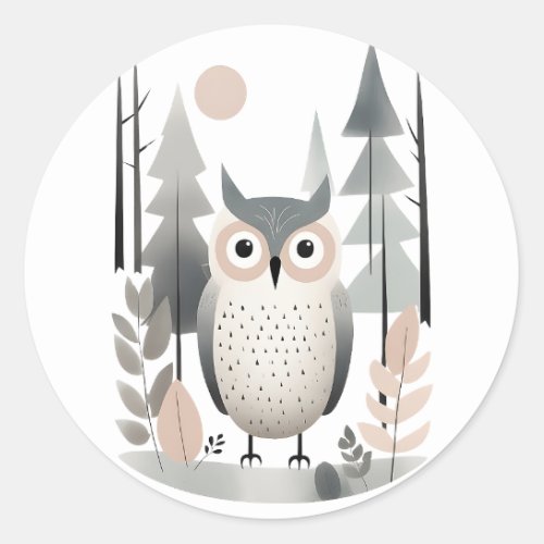 Minimalist Boho Cute Owl in the Woods  Classic Round Sticker