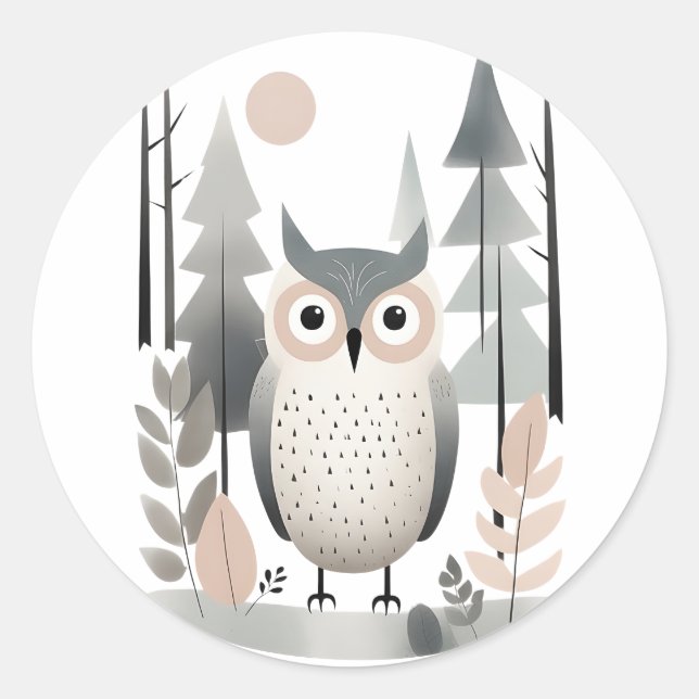 Minimalist Boho Cute Owl in the Woods  Classic Round Sticker (Front)